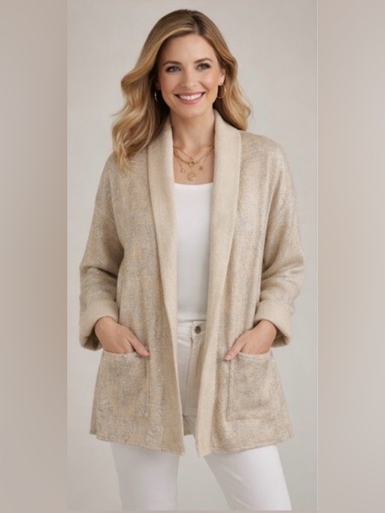 Chico's Sweaters - Chico’s 100% Wool Cardigan Jacket Beige Metallic Shimmer Open Front Size 1